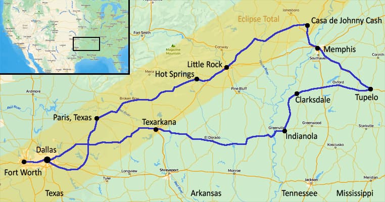 El mapa del motoviaje a l eclipse solar 2024