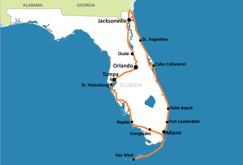 El mapa de la Ruta en Moto por Florida
