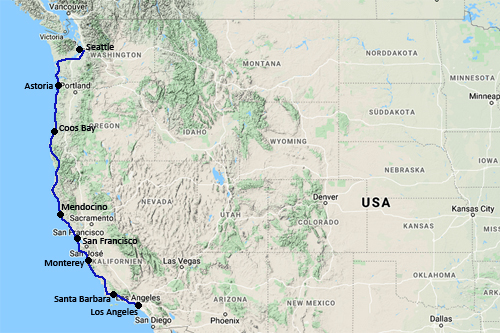 Mapa de la Ruta del Pacífico - de Seattle a Los Angeles en moto